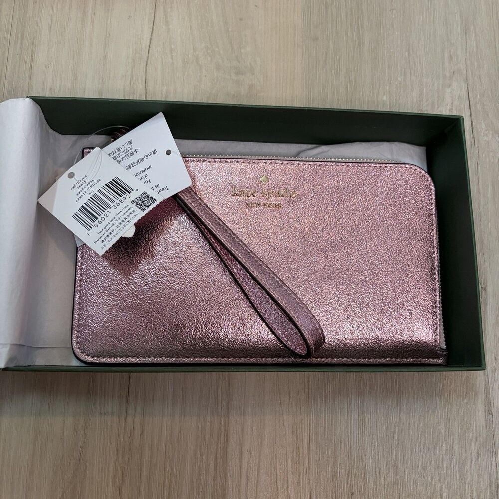 Kate Spade Lucy Medium LZip Wristlet Metallic Leather Mitten Pink In Gift Box